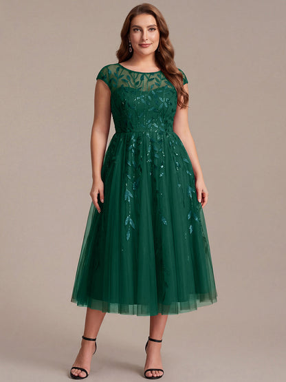 See-through Sequin Cap Sleeve Wedding Guest Dress