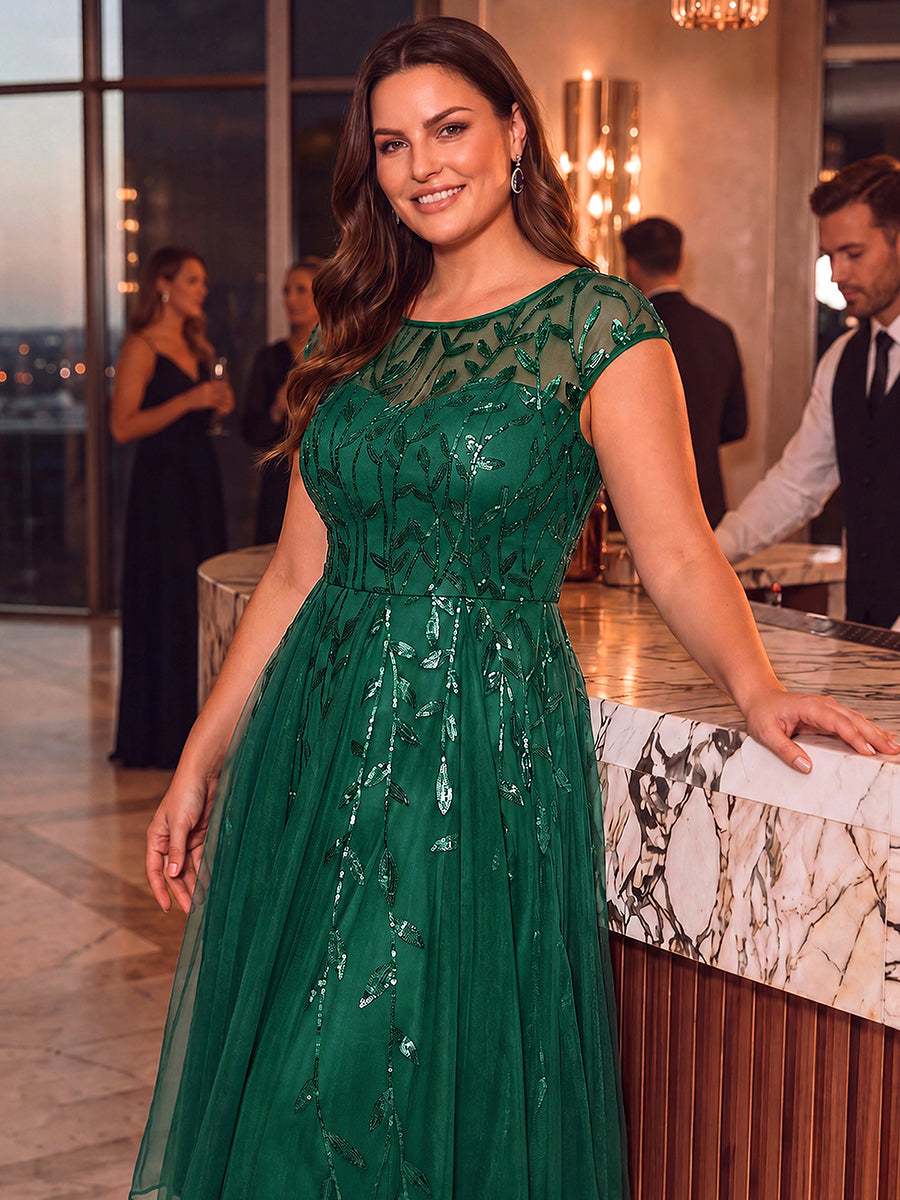 See-through Sequin Cap Sleeve Wedding Guest Dress