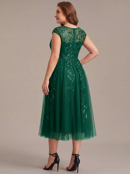 See-through Sequin Cap Sleeve Wedding Guest Dress