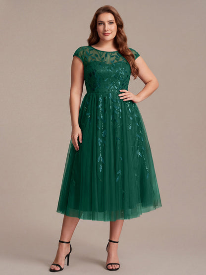 See-through Sequin Cap Sleeve Wedding Guest Dress