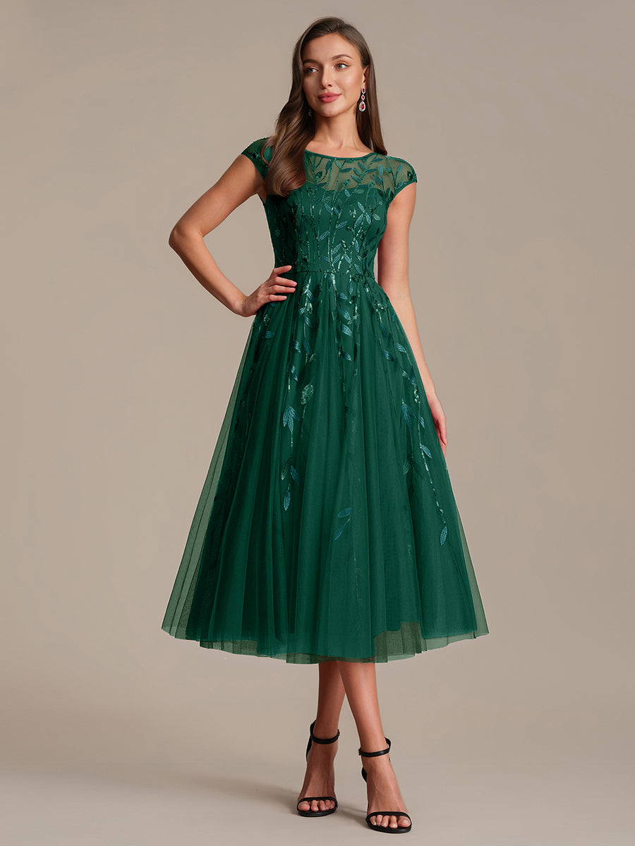 See-through Sequin Cap Sleeve Wedding Guest Dress