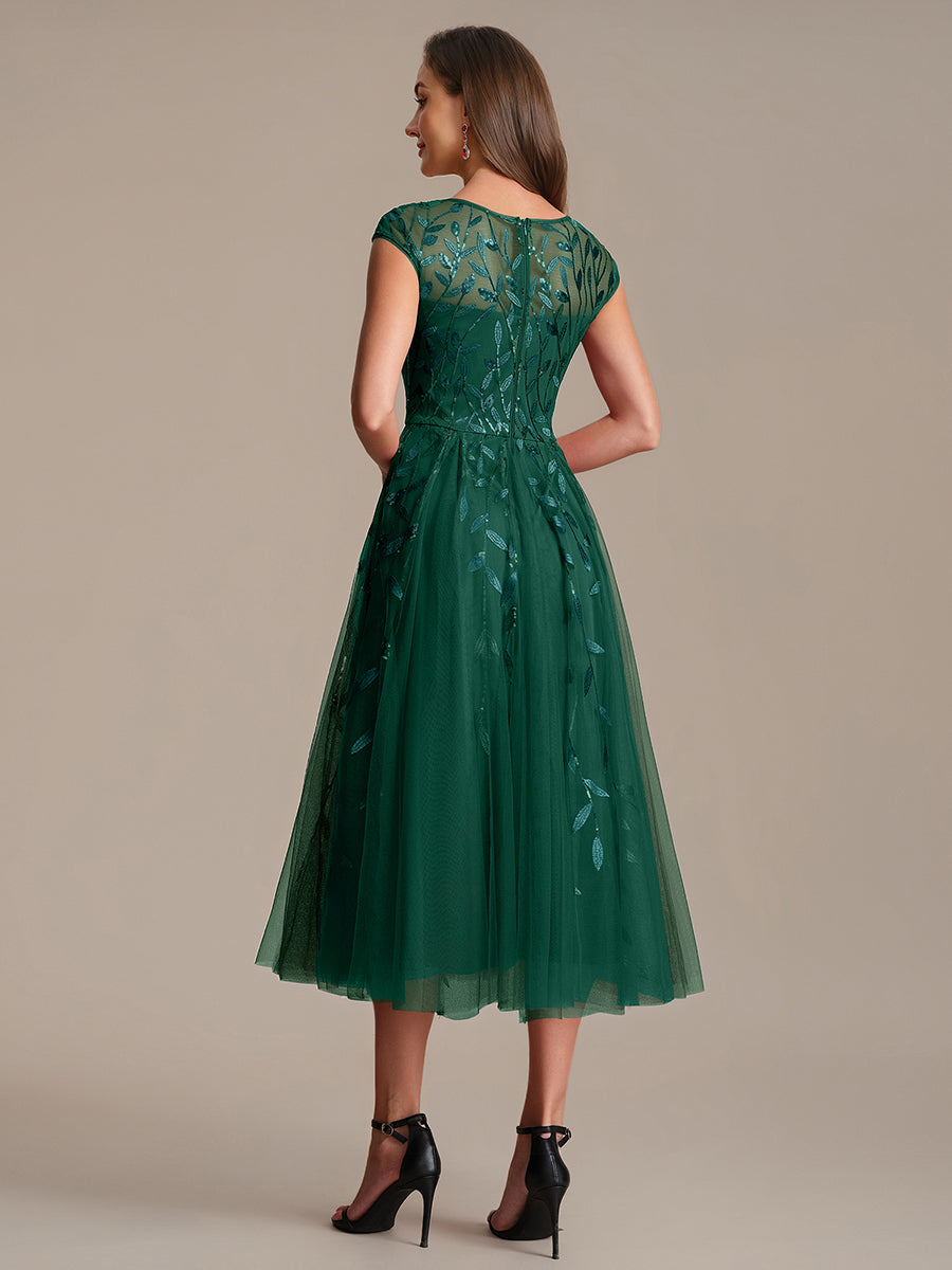 See-through Sequin Cap Sleeve Wedding Guest Dress