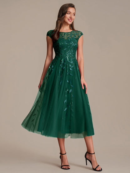 See-through Sequin Cap Sleeve Wedding Guest Dress