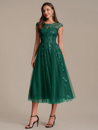 See-through Sequin Cap Sleeve Wedding Guest Dress