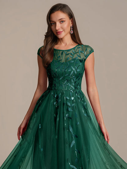See-through Sequin Cap Sleeve Wedding Guest Dress