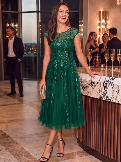 See-through Sequin Cap Sleeve Wedding Guest Dress