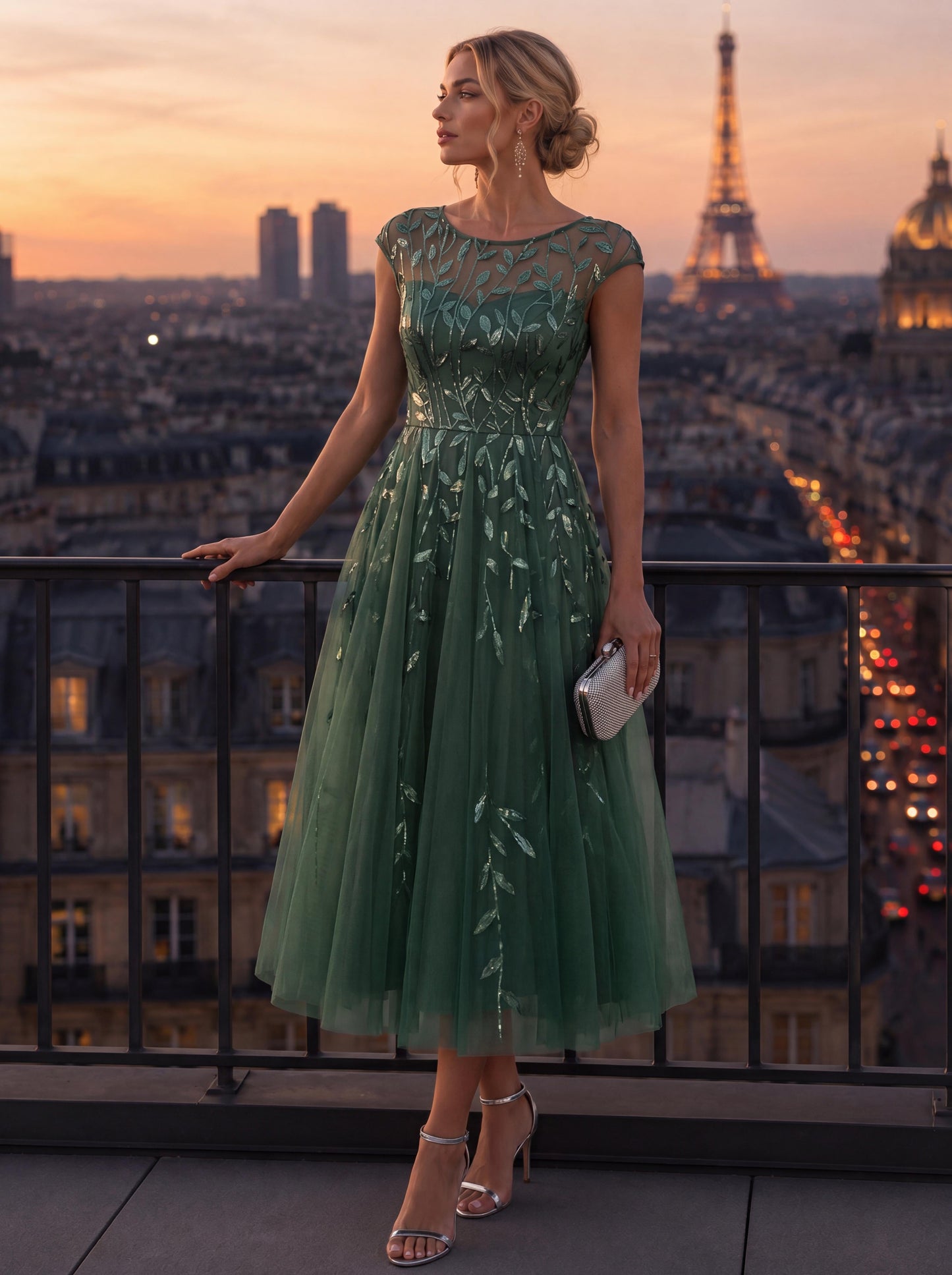 See-through Sequin Cap Sleeve Wedding Guest Dress