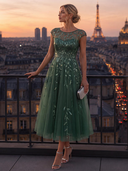 See-through Sequin Cap Sleeve Wedding Guest Dress