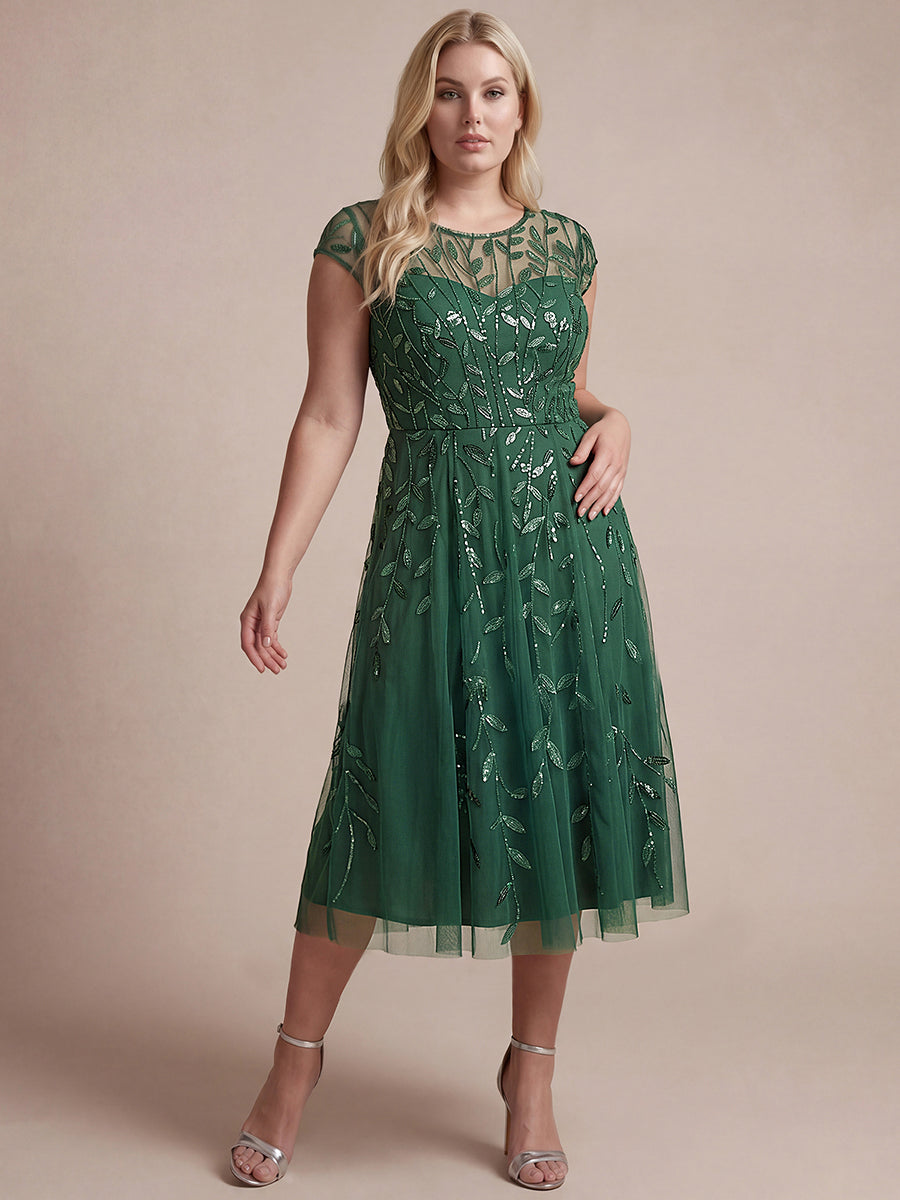 See-through Sequin Cap Sleeve Wedding Guest Dress