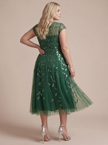 See-through Sequin Cap Sleeve Wedding Guest Dress
