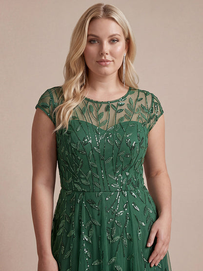 See-through Sequin Cap Sleeve Wedding Guest Dress