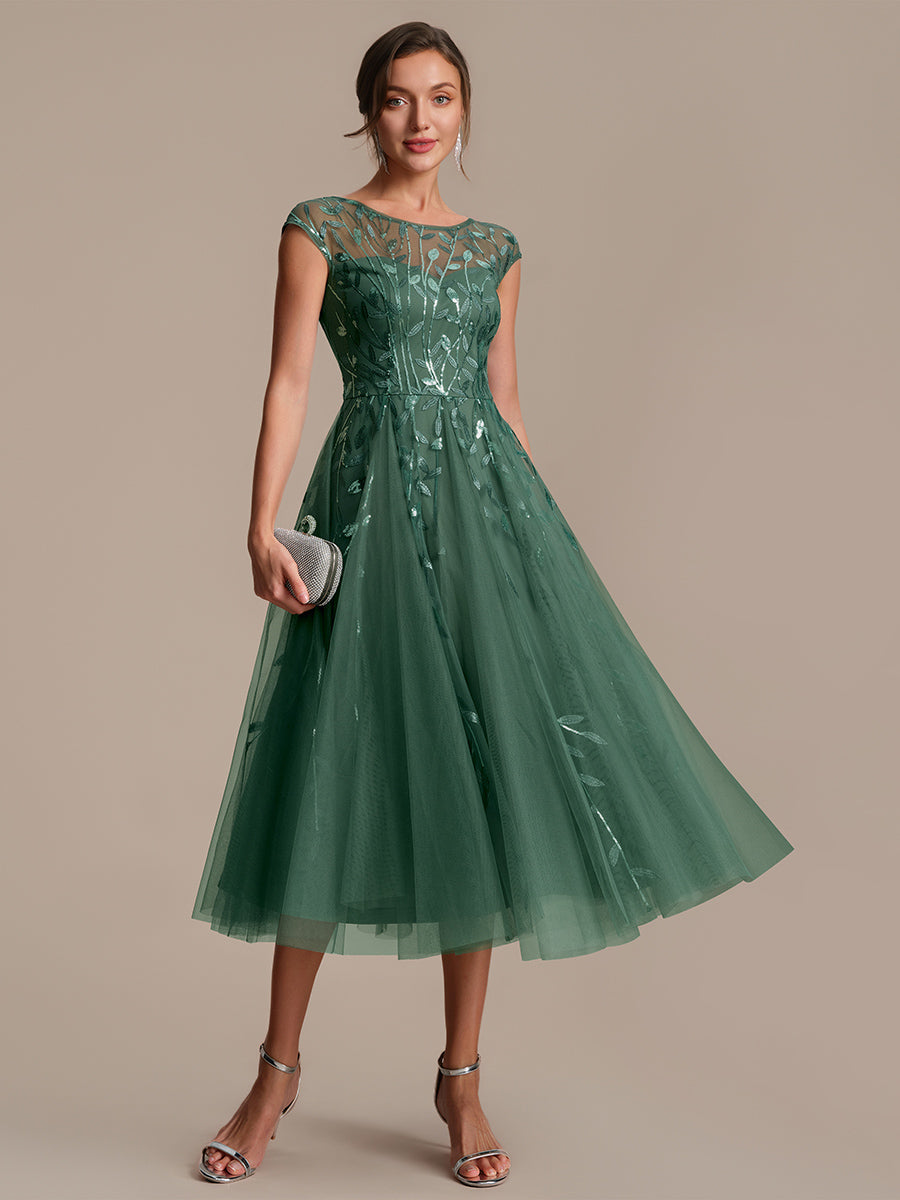 See-through Sequin Cap Sleeve Wedding Guest Dress