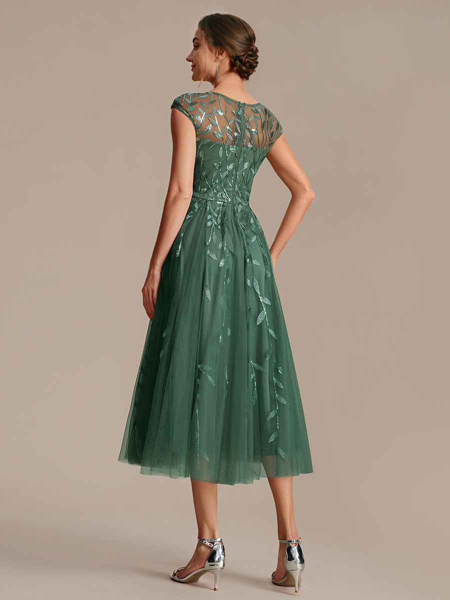 See-through Sequin Cap Sleeve Wedding Guest Dress