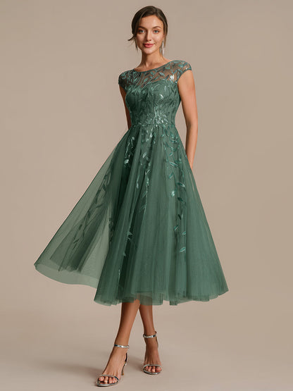 See-through Sequin Cap Sleeve Wedding Guest Dress