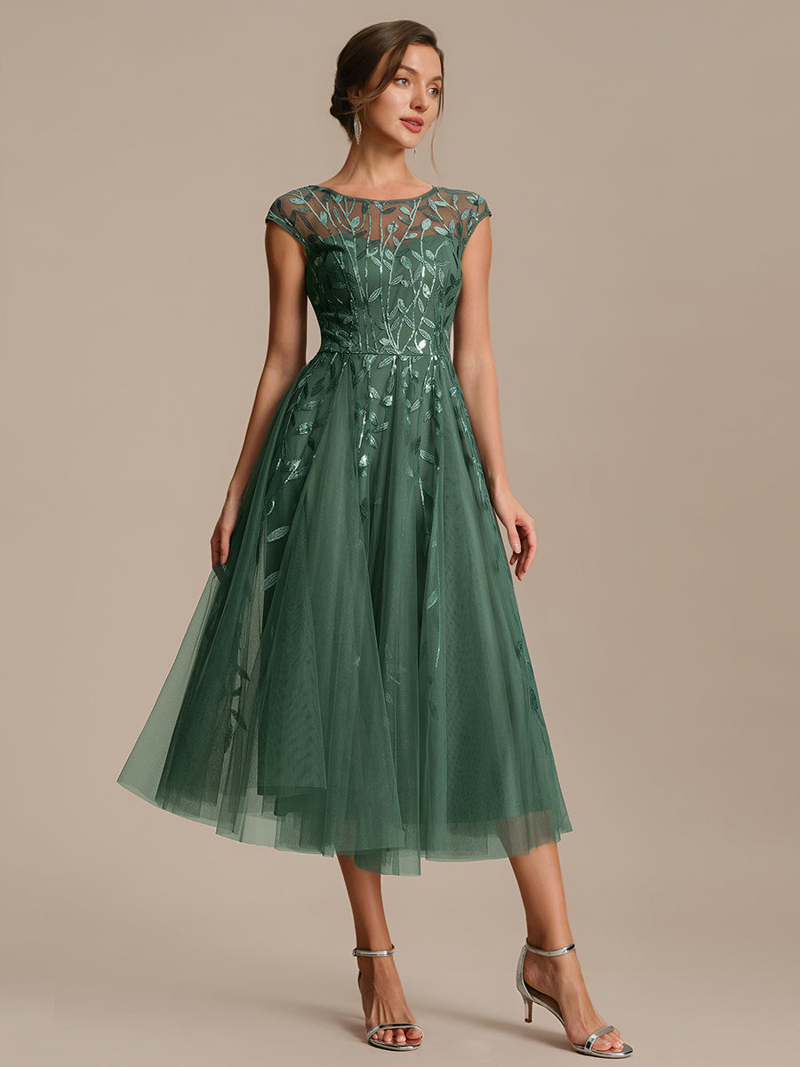 See-through Sequin Cap Sleeve Wedding Guest Dress