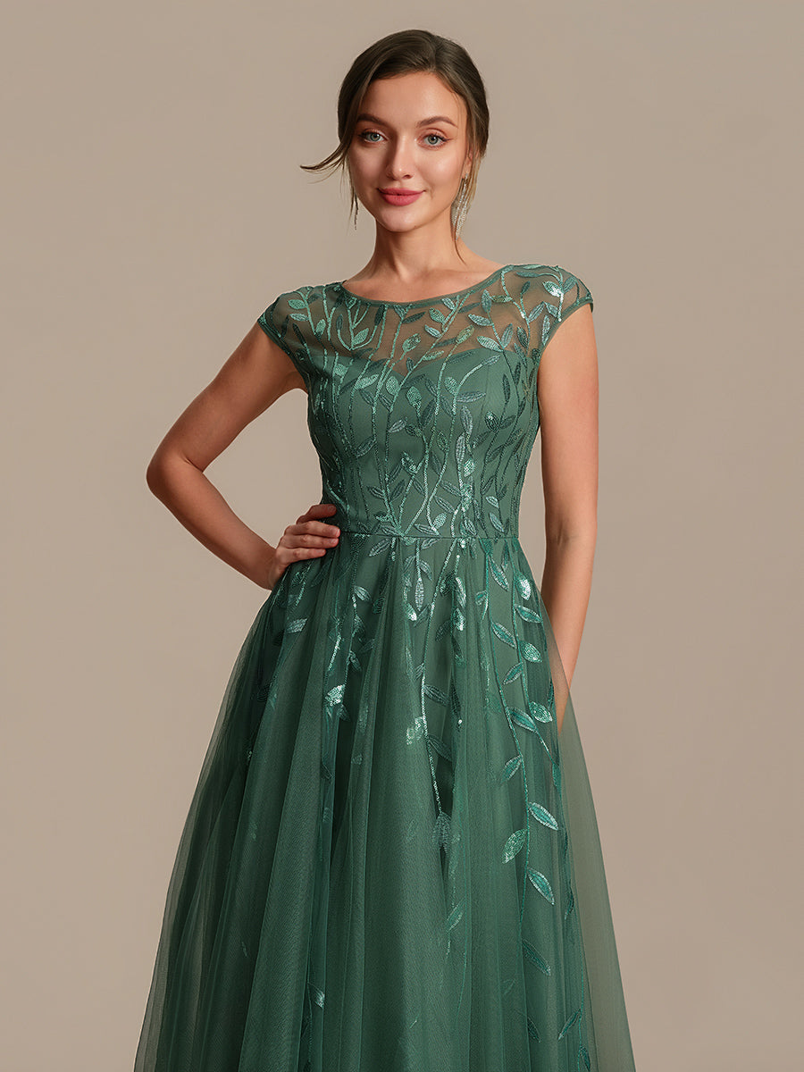 See-through Sequin Cap Sleeve Wedding Guest Dress