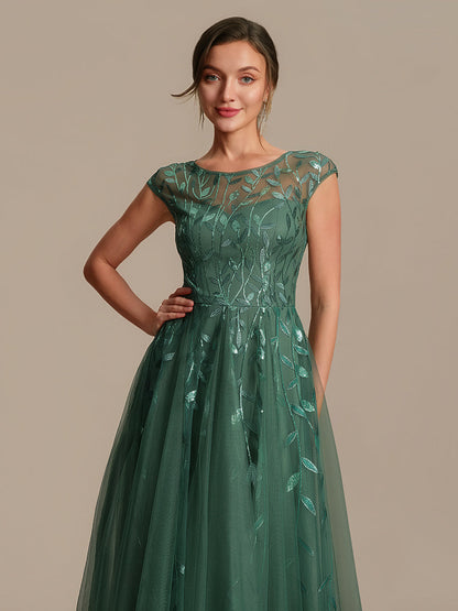 See-through Sequin Cap Sleeve Wedding Guest Dress