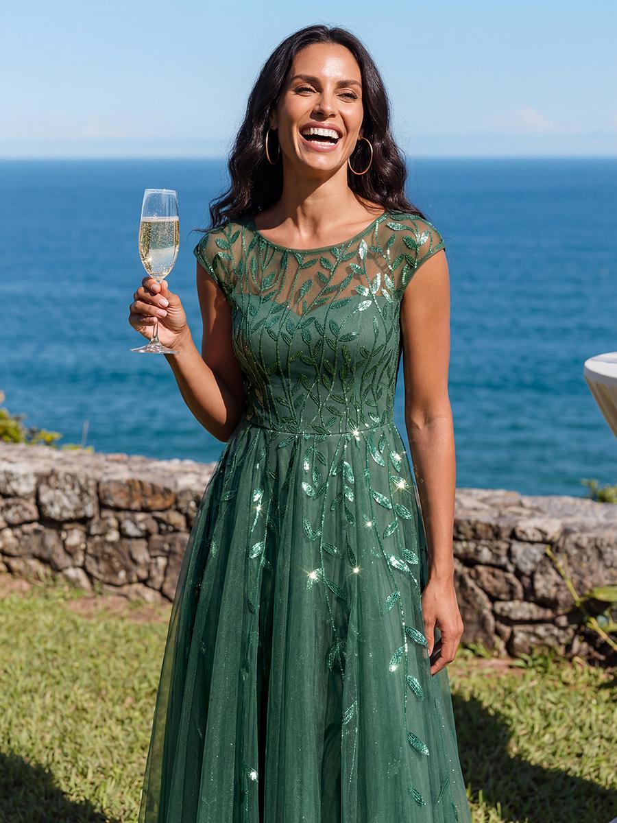 See-through Sequin Cap Sleeve Wedding Guest Dress