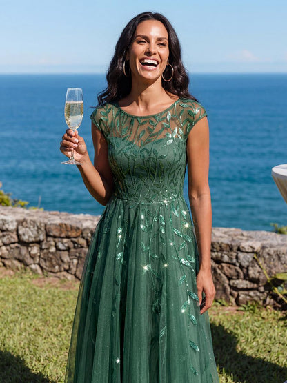 See-through Sequin Cap Sleeve Wedding Guest Dress