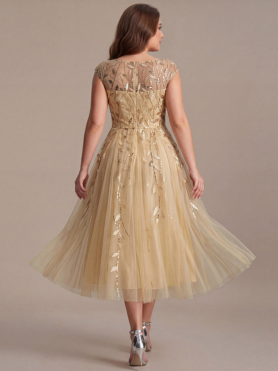 See-through Sequin Cap Sleeve Wedding Guest Dress