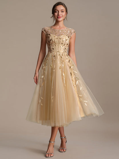 See-through Sequin Cap Sleeve Wedding Guest Dress