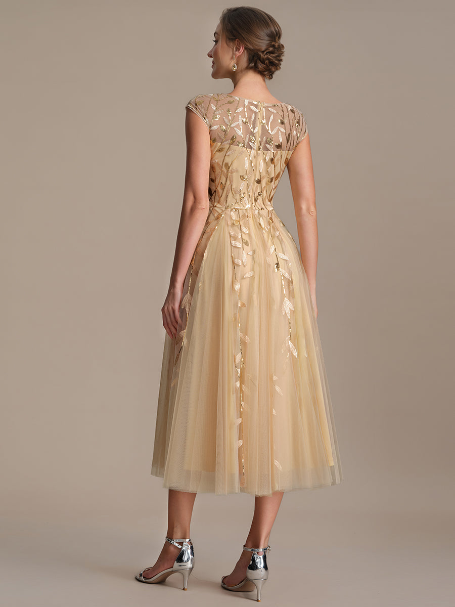 See-through Sequin Cap Sleeve Wedding Guest Dress