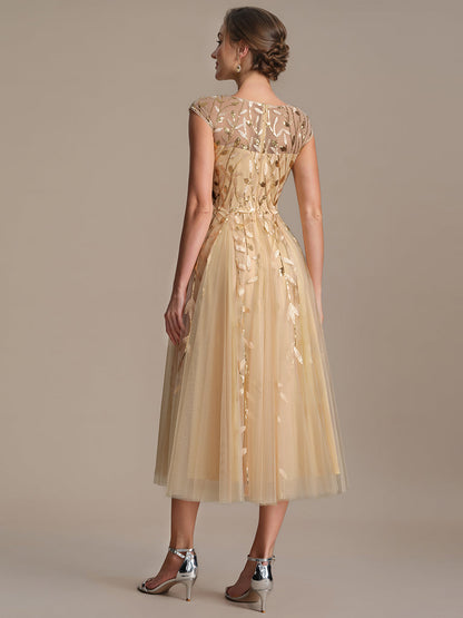 See-through Sequin Cap Sleeve Wedding Guest Dress
