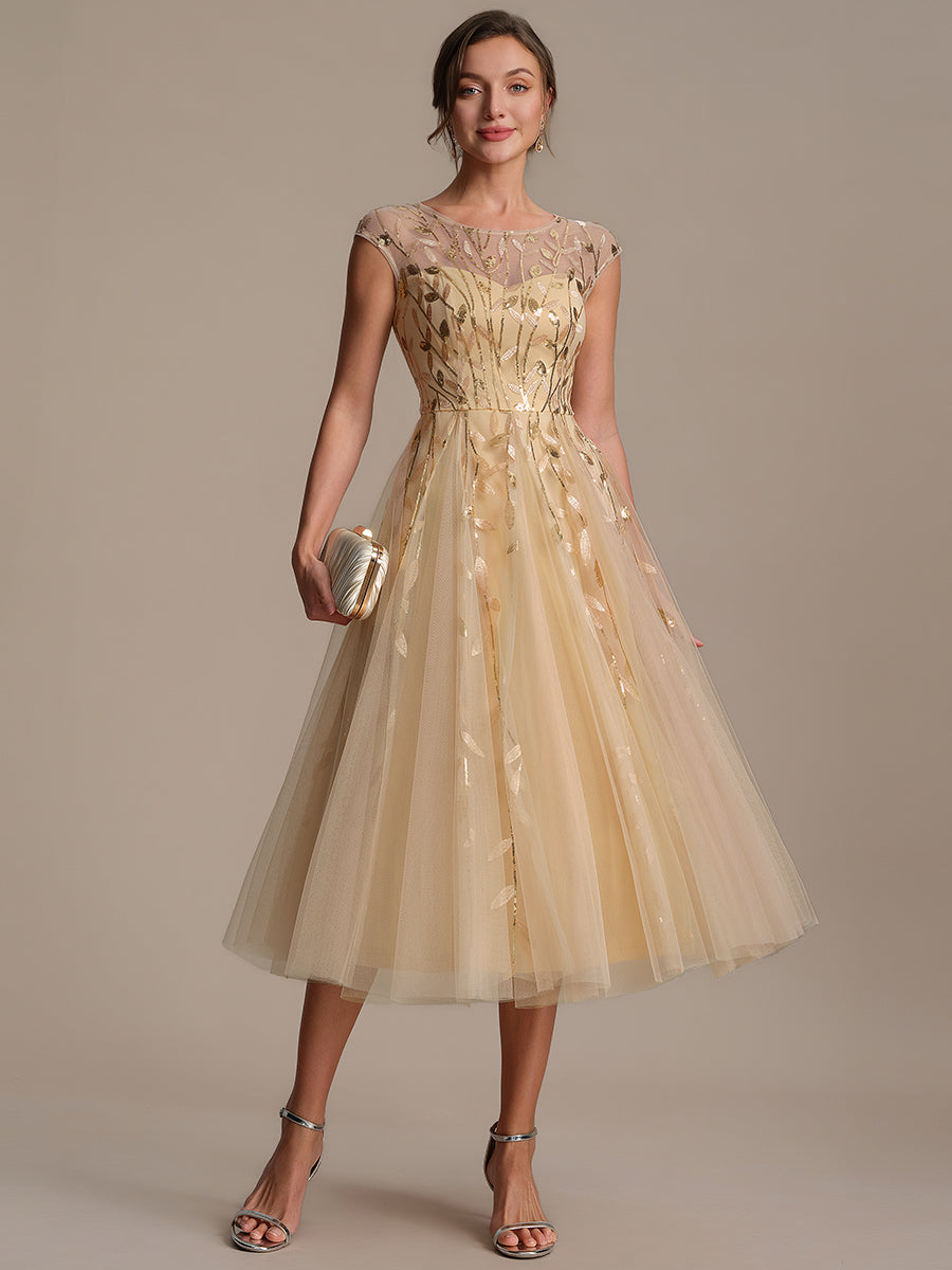 See-through Sequin Cap Sleeve Wedding Guest Dress