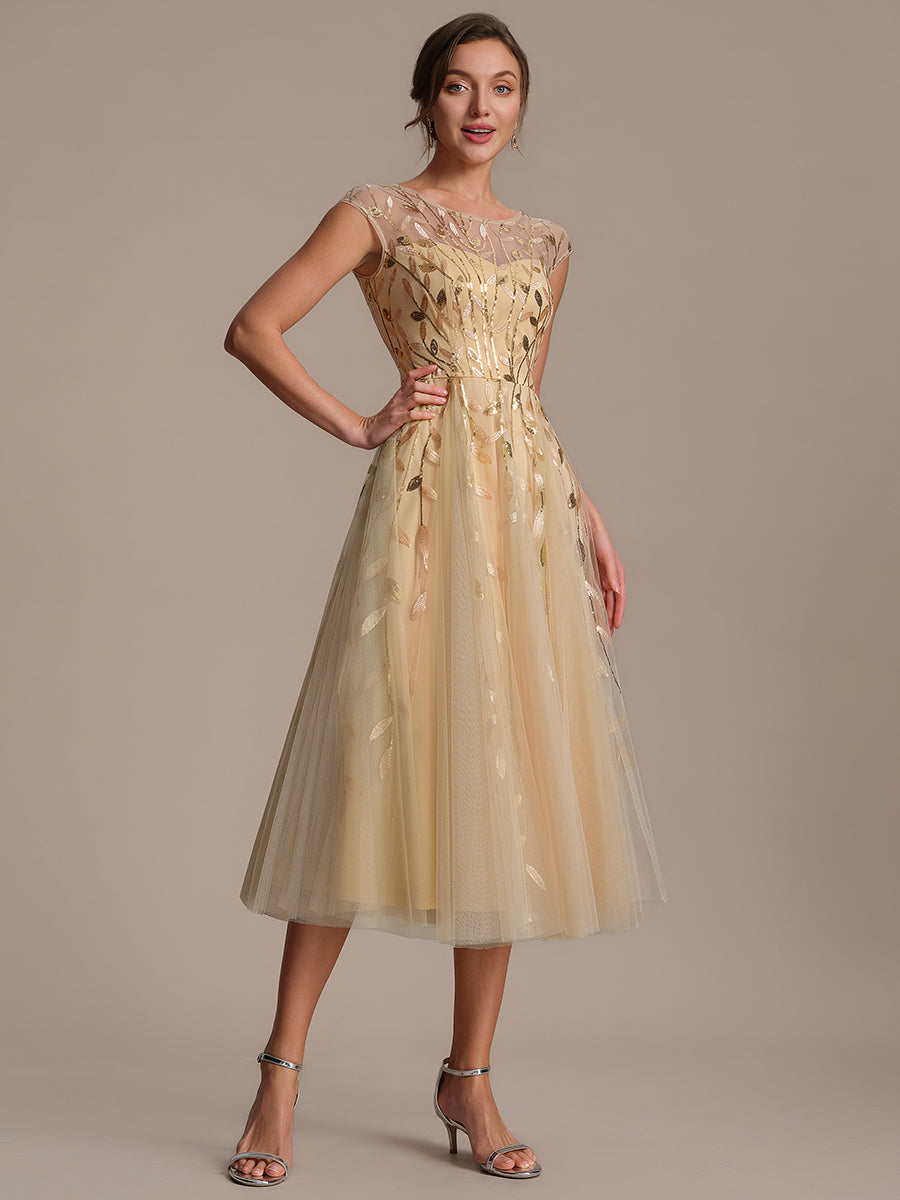 See-through Sequin Cap Sleeve Wedding Guest Dress