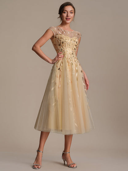See-through Sequin Cap Sleeve Wedding Guest Dress