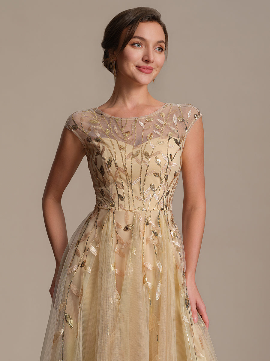 See-through Sequin Cap Sleeve Wedding Guest Dress