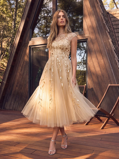 See-through Sequin Cap Sleeve Wedding Guest Dress