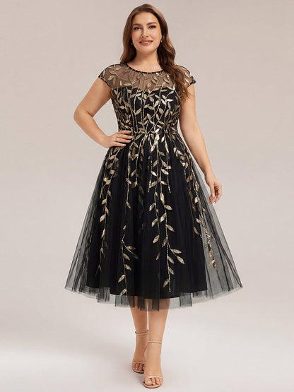 See-through Sequin Cap Sleeve Wedding Guest Dress