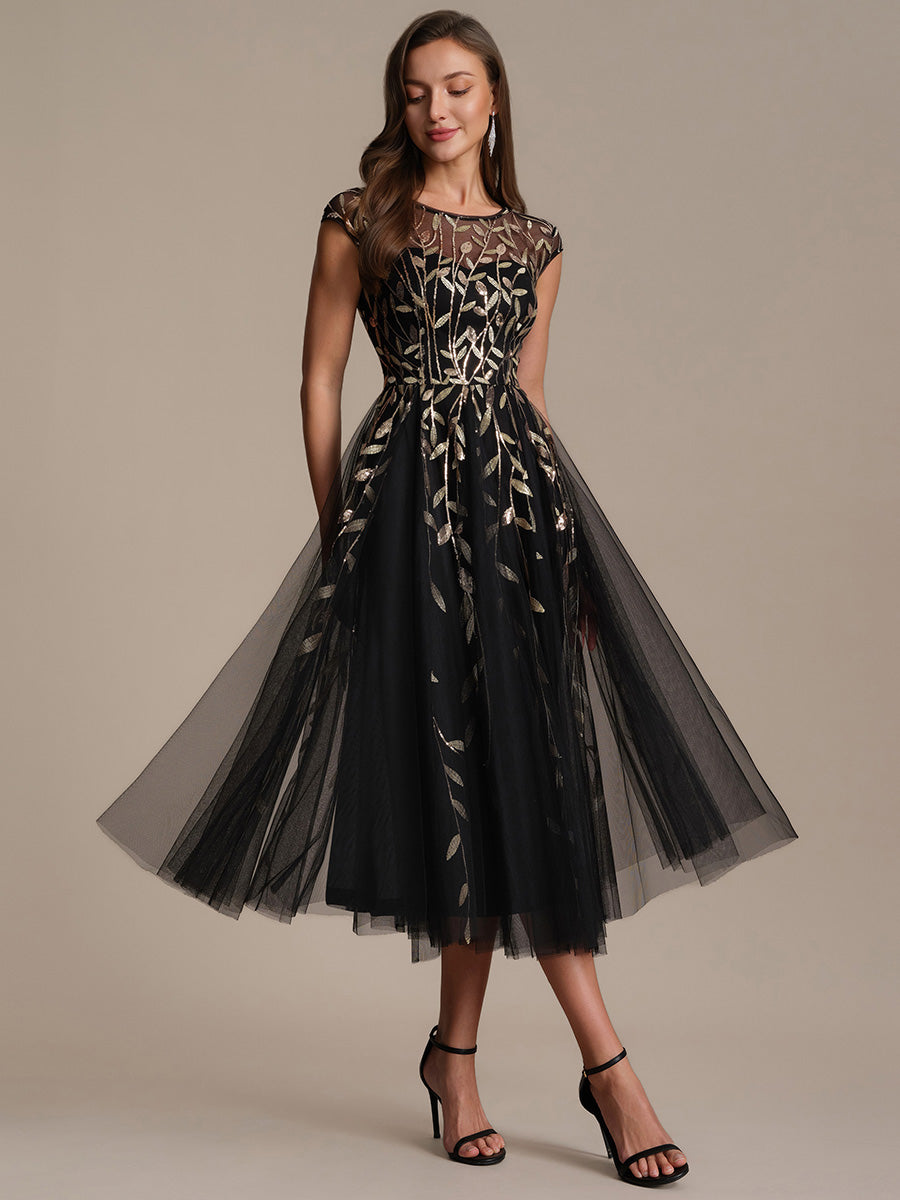 See-through Sequin Cap Sleeve Wedding Guest Dress