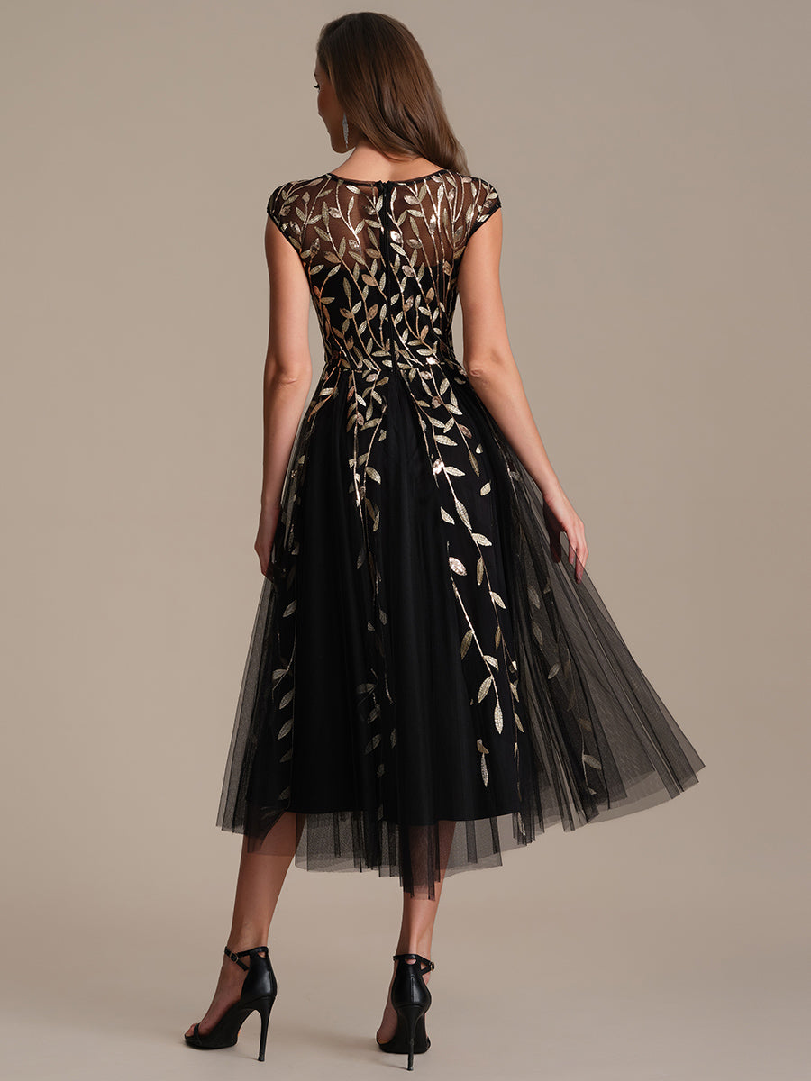 See-through Sequin Cap Sleeve Wedding Guest Dress