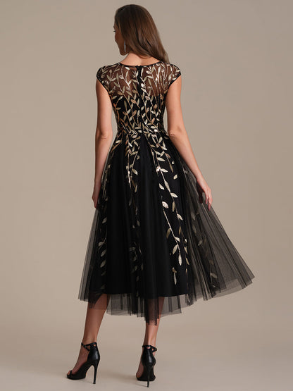 See-through Sequin Cap Sleeve Wedding Guest Dress