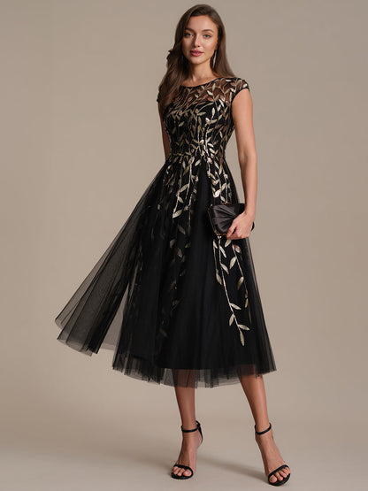 See-through Sequin Cap Sleeve Wedding Guest Dress
