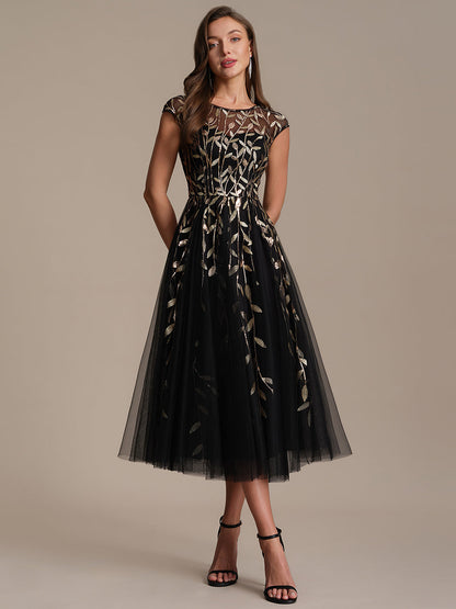 See-through Sequin Cap Sleeve Wedding Guest Dress