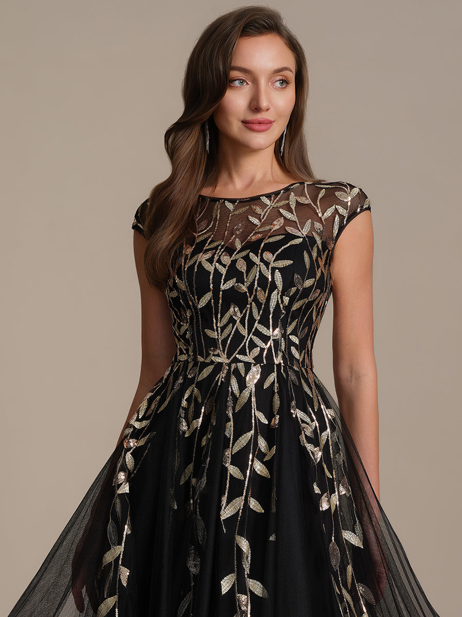 See-through Sequin Cap Sleeve Wedding Guest Dress