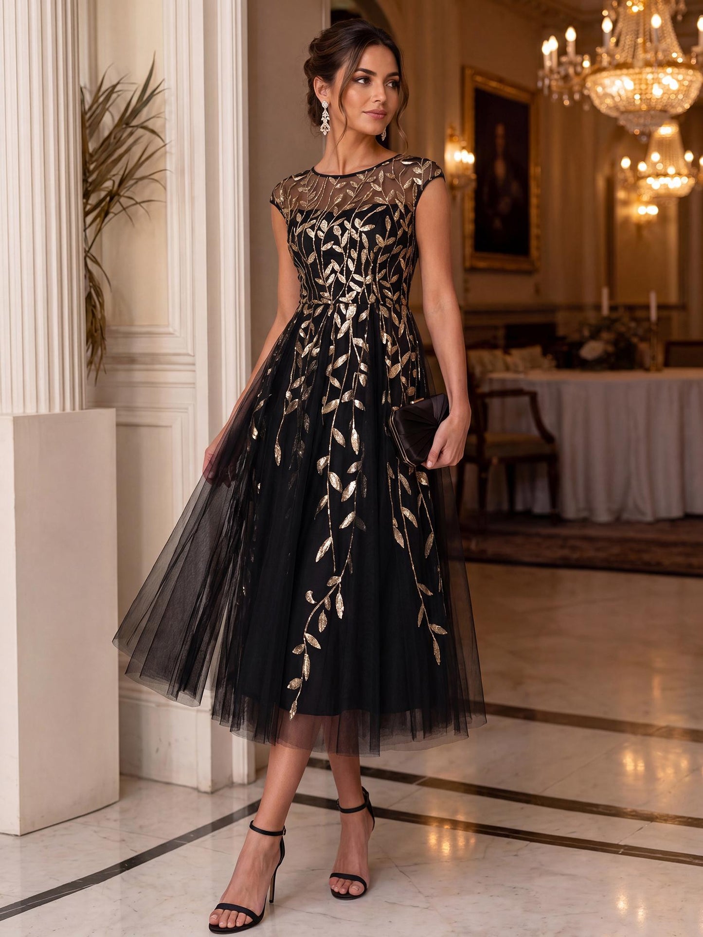 See-through Sequin Cap Sleeve Wedding Guest Dress