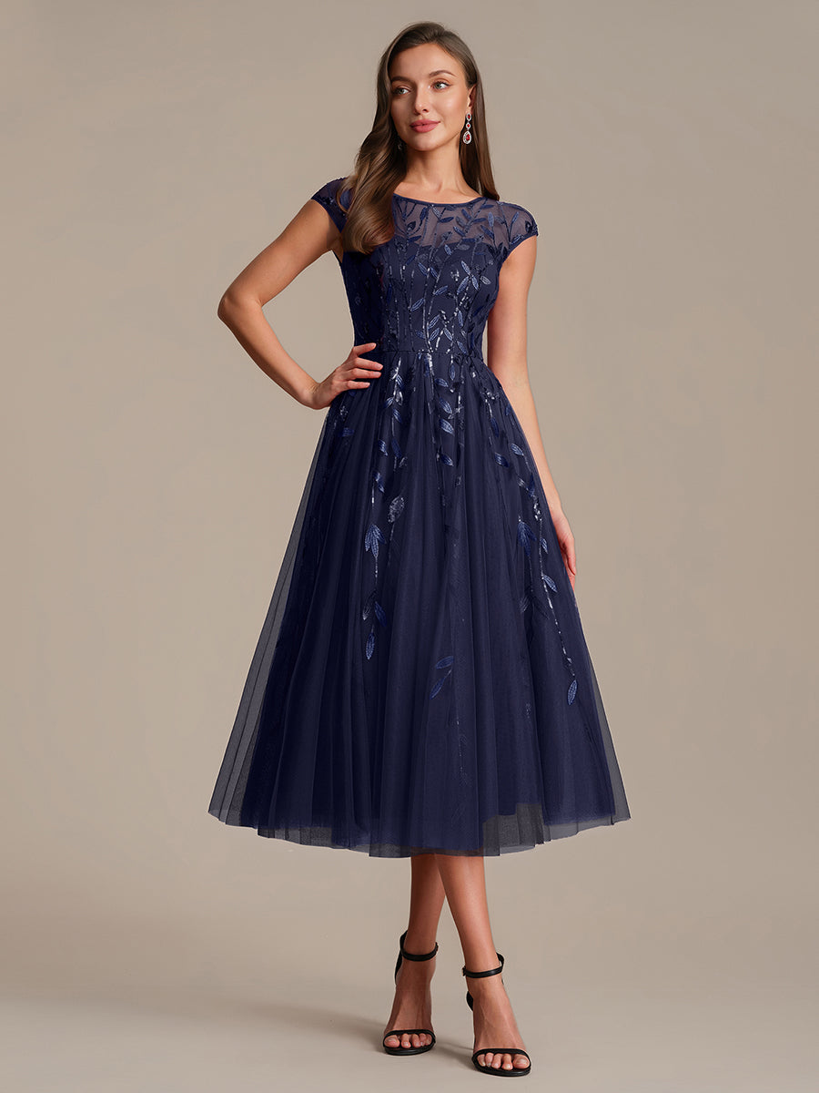 See-through Sequin Cap Sleeve Wedding Guest Dress