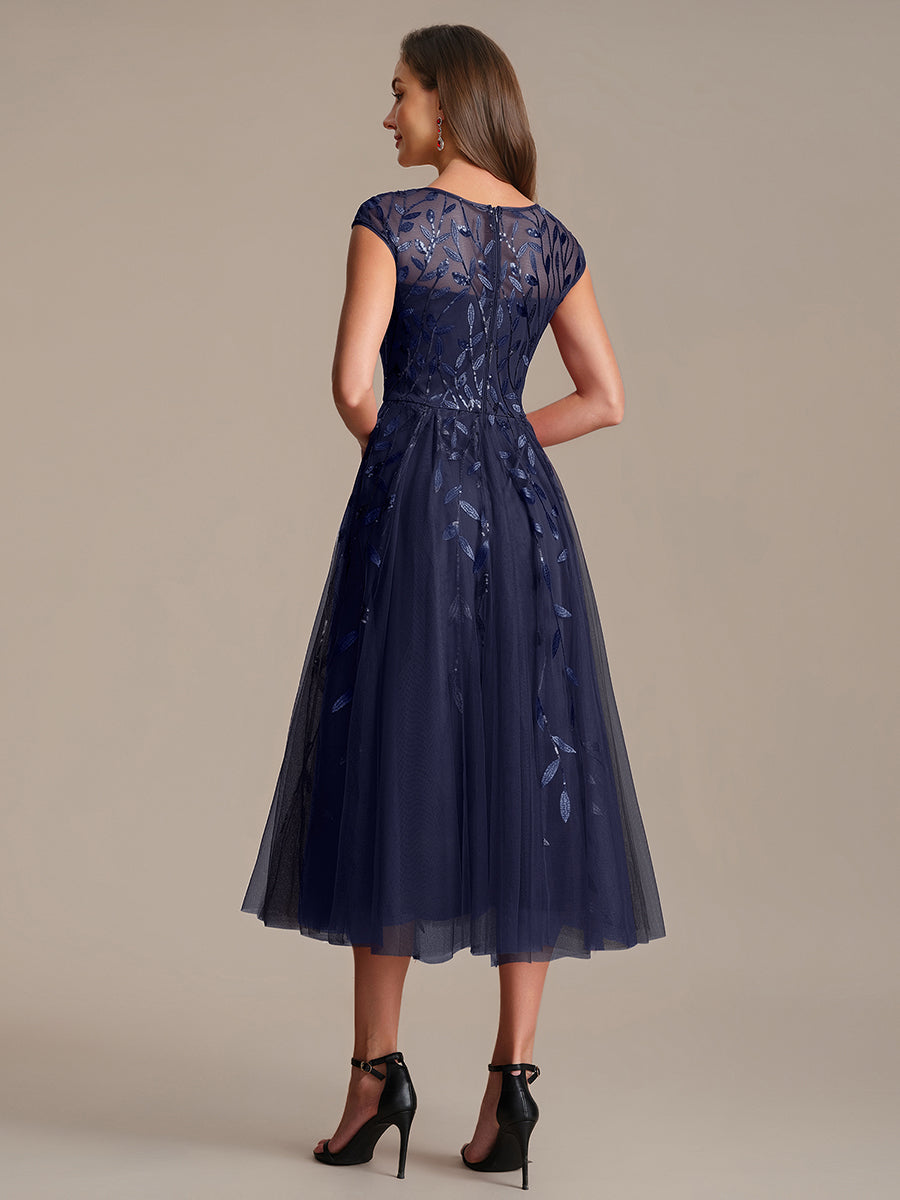See-through Sequin Cap Sleeve Wedding Guest Dress