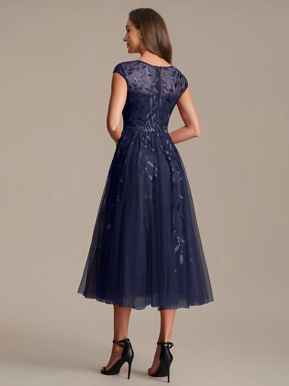 See-through Sequin Cap Sleeve Wedding Guest Dress