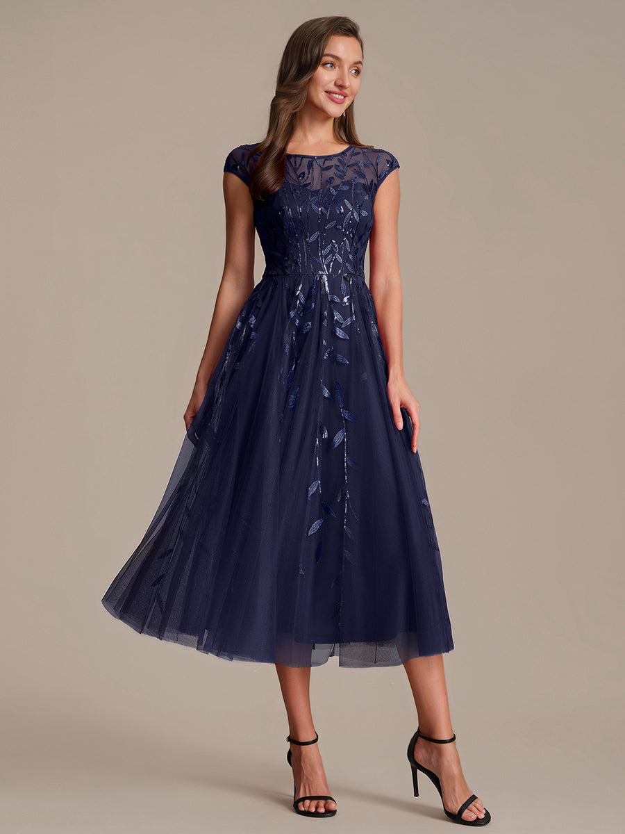See-through Sequin Cap Sleeve Wedding Guest Dress