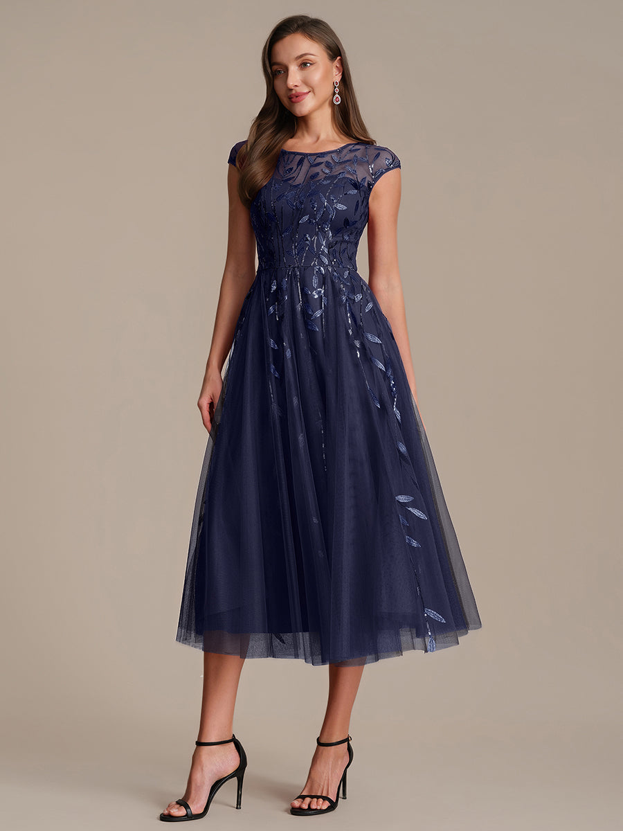 See-through Sequin Cap Sleeve Wedding Guest Dress
