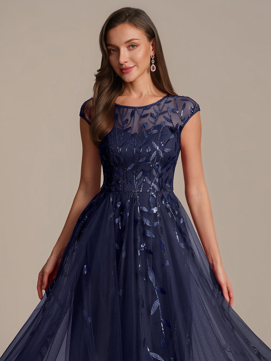 See-through Sequin Cap Sleeve Wedding Guest Dress