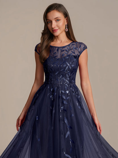 See-through Sequin Cap Sleeve Wedding Guest Dress