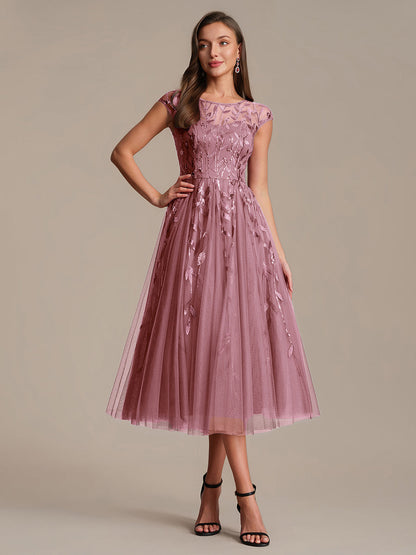 See-through Sequin Cap Sleeve Wedding Guest Dress