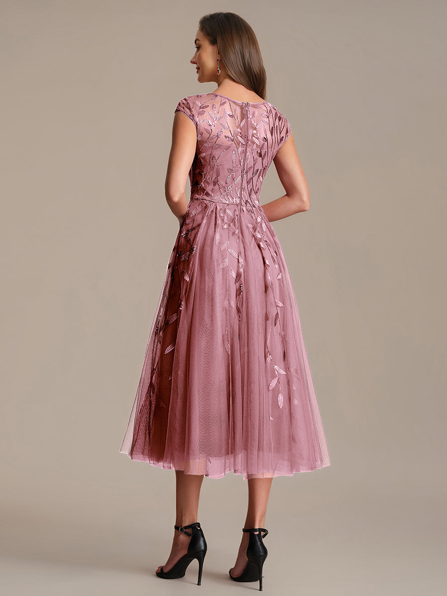 See-through Sequin Cap Sleeve Wedding Guest Dress