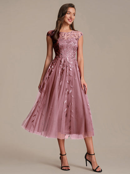 See-through Sequin Cap Sleeve Wedding Guest Dress